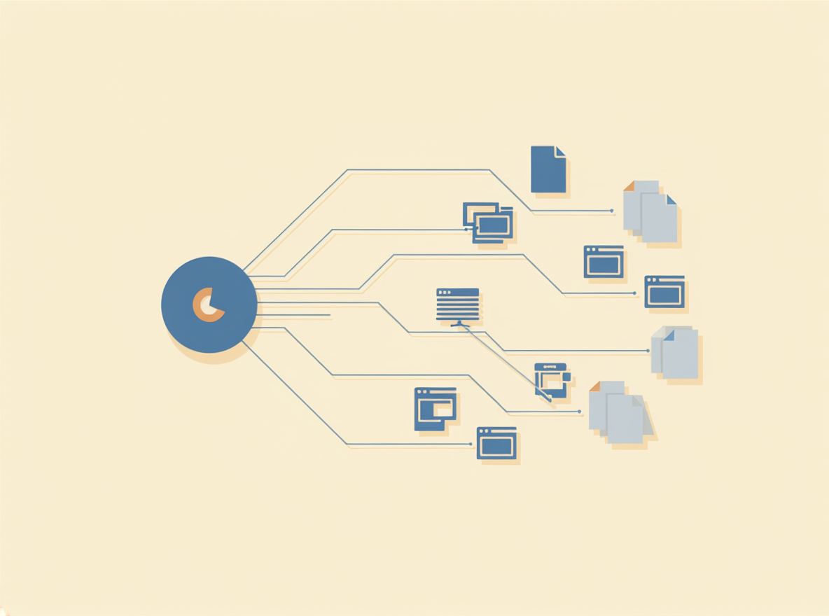 One message fragmenting across web, sales decks, PDFs, and translated pages, each drifting out of sync with the others